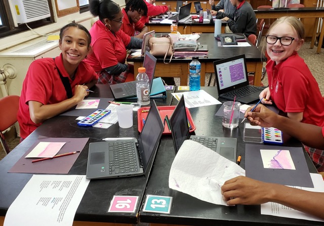 Central Catholic High School students work on a project combining science and art Medium