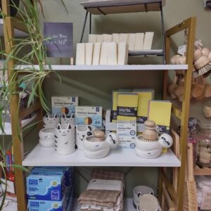 A shelf with products.