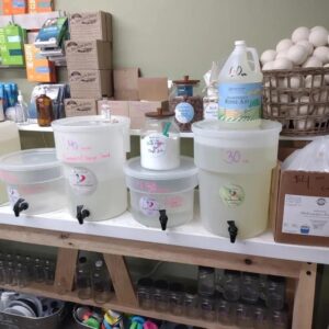 A table with products on it.