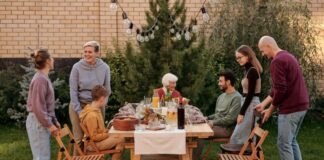 A family enjoying dinner outside