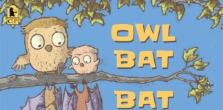 Bats and owls hanging on a tree branch on book cover