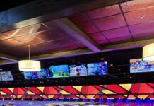 Colorful lights in bowling alley