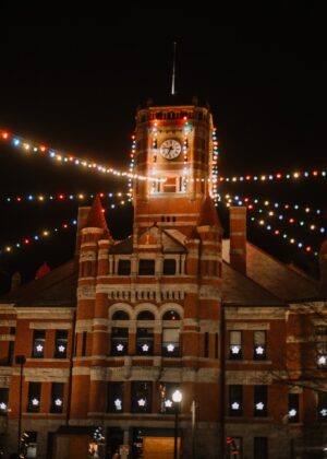 building with string lights