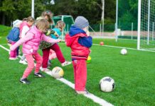 Photos of kids lining up to shoot soccer ball