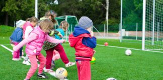 Photos of kids lining up to shoot soccer ball