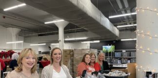 Volunteers by boxes of food