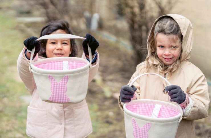 Girls on egg hunt